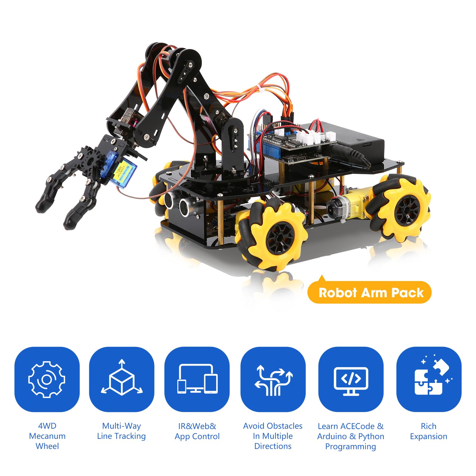 ACEBOTT robot car with omnidirectional wheel demonstrates 360-degree movement.