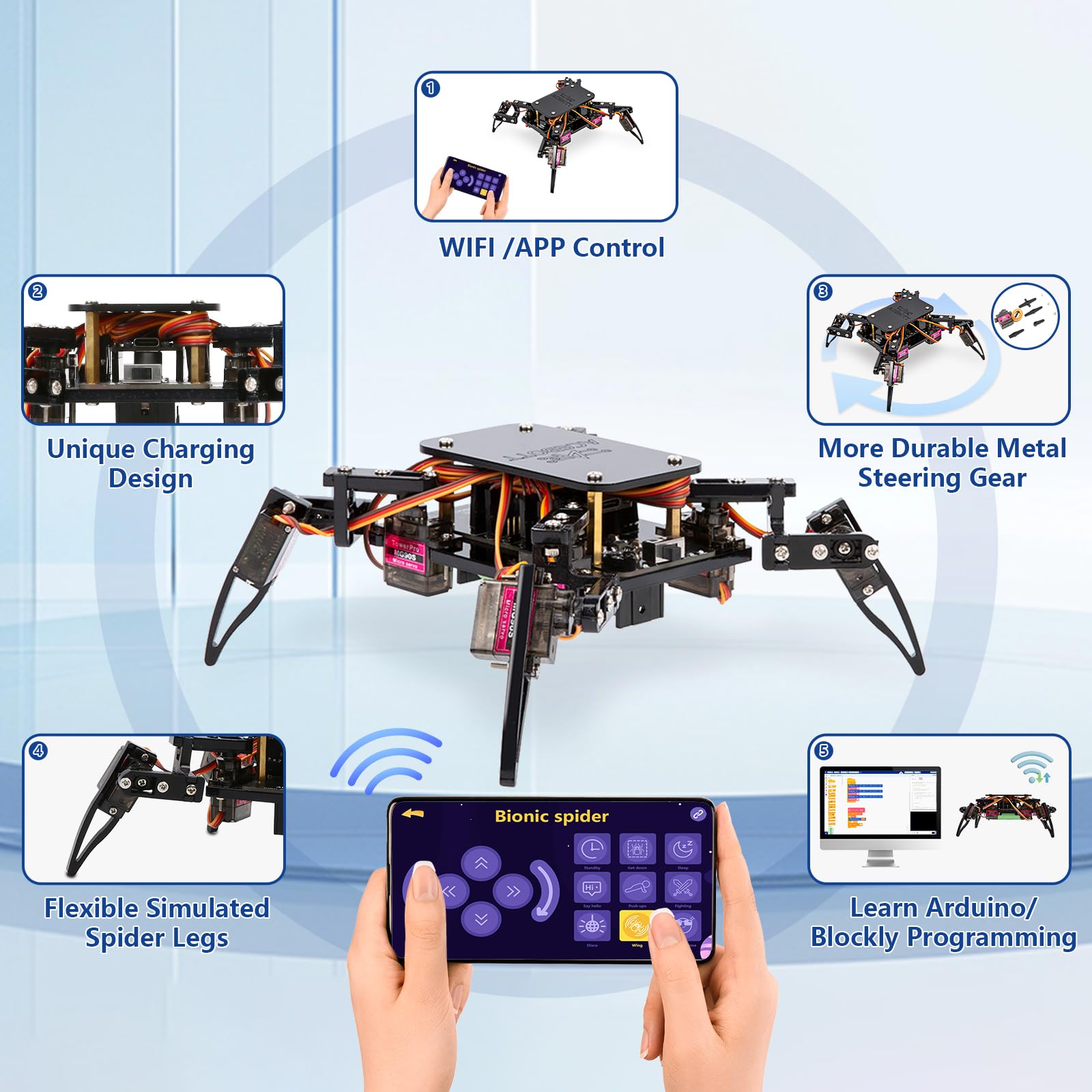 ACEBOTT Spider Robot with nine preset actions for dynamic demonstrations.