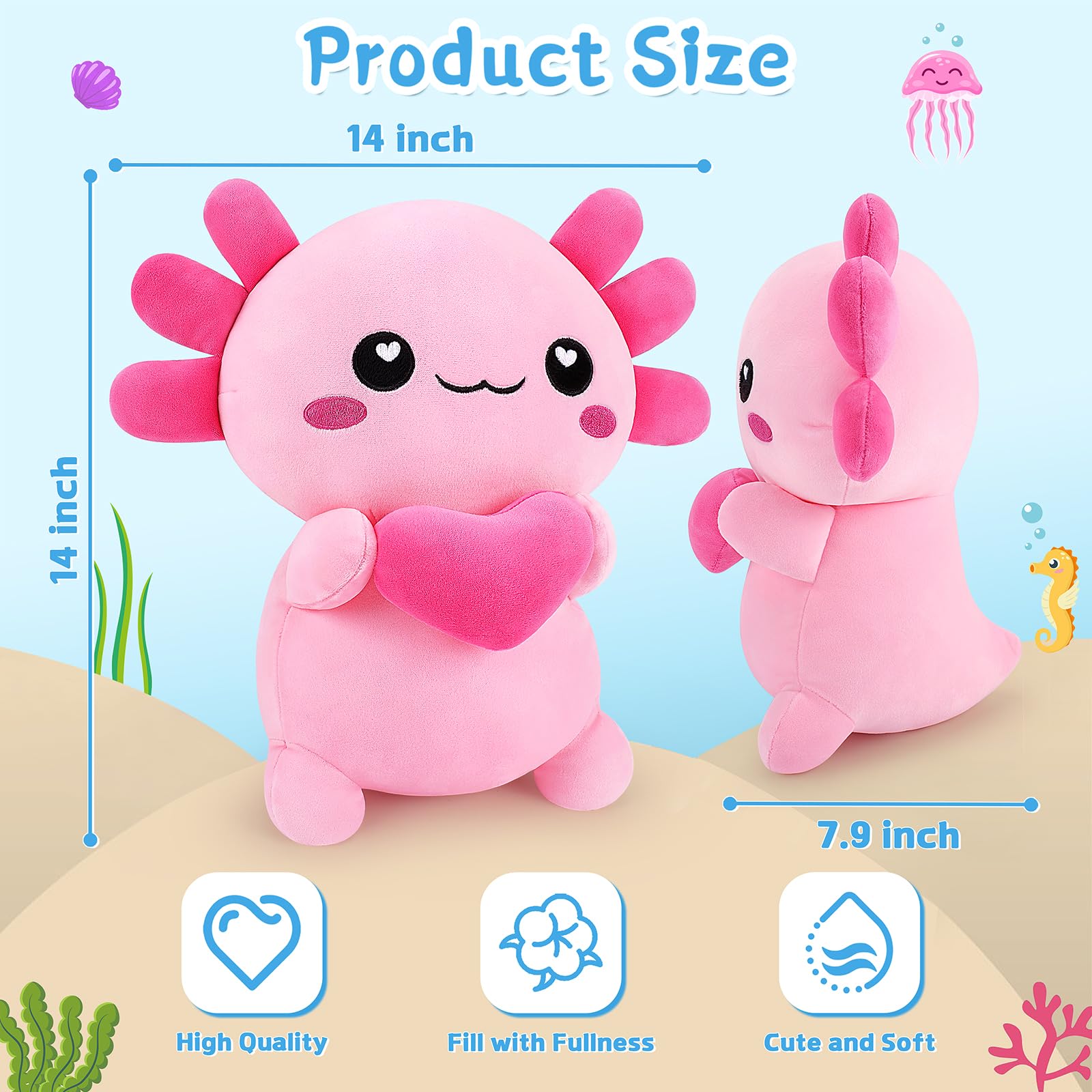 Achwishap axolotl plush full body 14-inch view as cuddly companion for play and naps