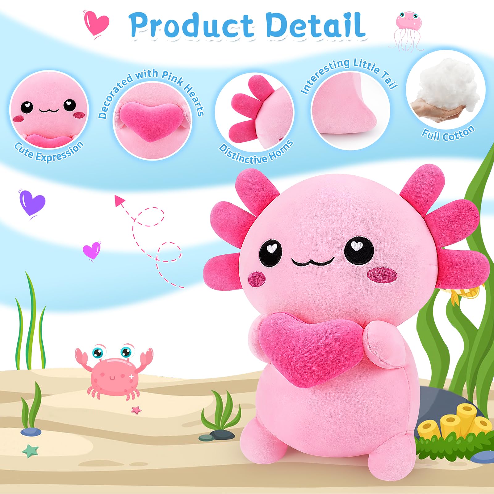 Achwishap axolotl plush pink heart design adds charm to decor and hugs