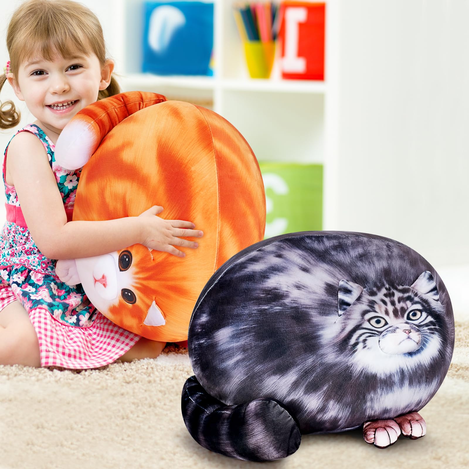 Achwishap cute stuffed cat in room decor, cozy living space atmosphere.