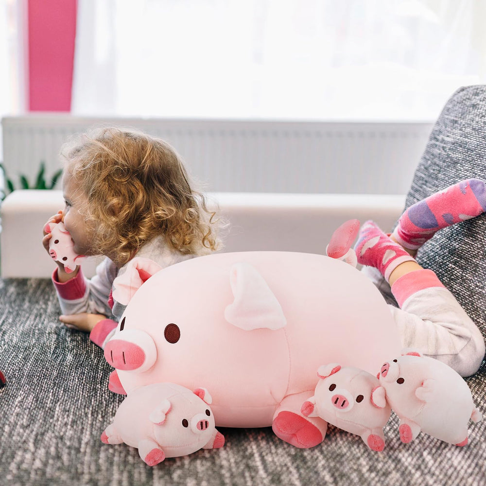 Achwishap pig family plush close-up of soft fabric and stitching quality.