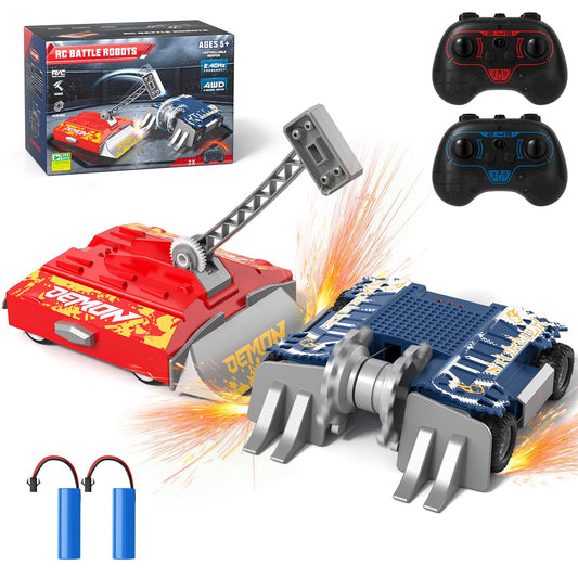 ACIKETO remote control battle robot front view with rugged 4WD chassis.