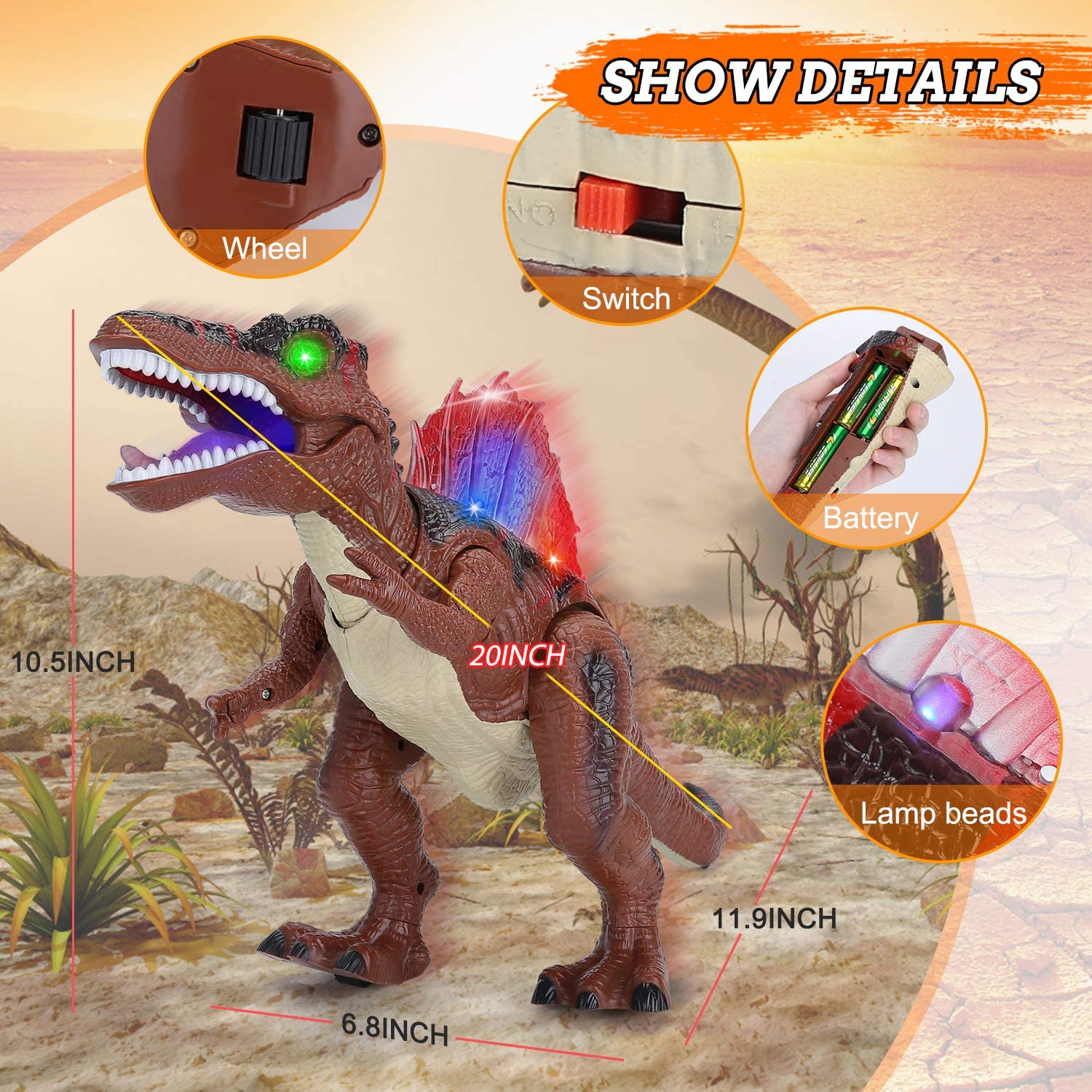 Acksonse Spinosaurus LED lights brighten nighttime play sessions.