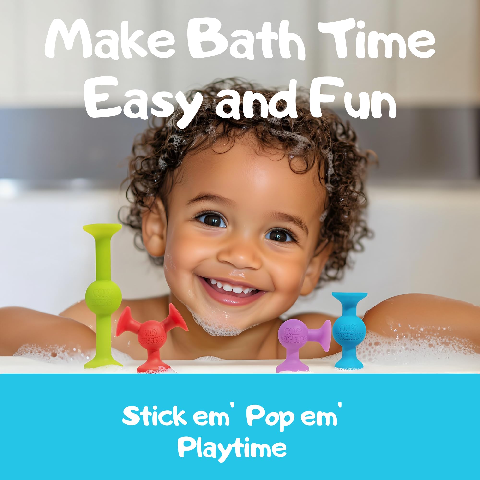ACME CO suction bath toys adhered to wall for engaging, mess-free play during bath time.