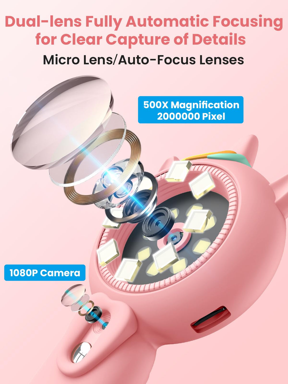Acoath auto-focus system reduces blur for clear observations.