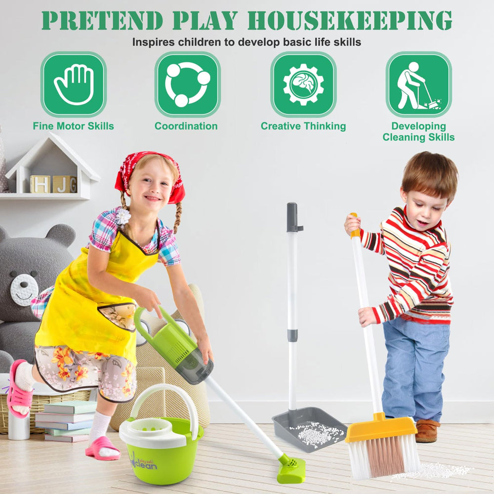ACROFEK toddler cleaning set bucket and rack promote organization during play.