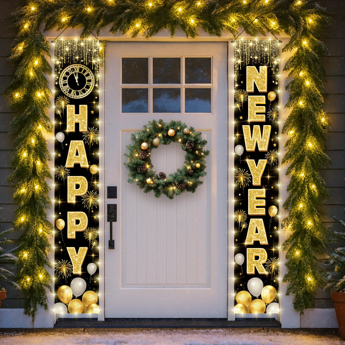 Actilize Happy New Year banner 72x12 left view with glow for inviting doorway.