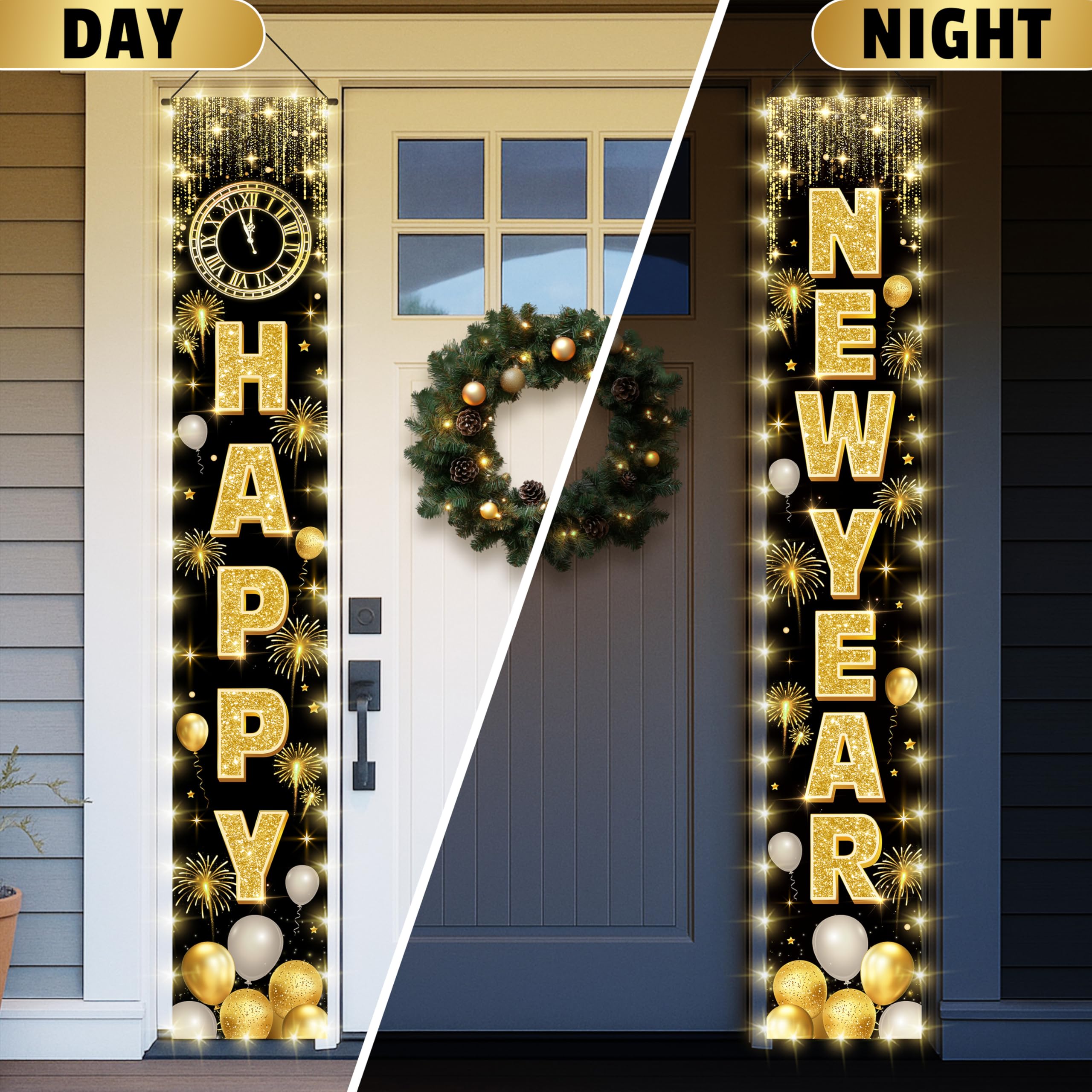 Actilize Happy New Year banner 72x12 right view highlights black and gold decor.