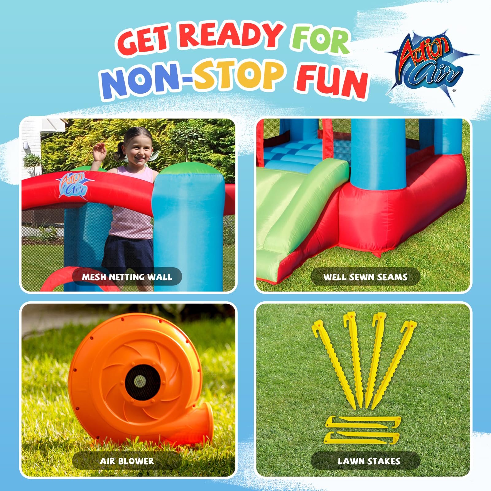 Action Air bounce house made with extra-thick material and durable seams