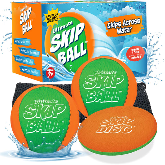 Activ Life 2-pack water skipping ball in green and orange, ideal for outdoor pool games.