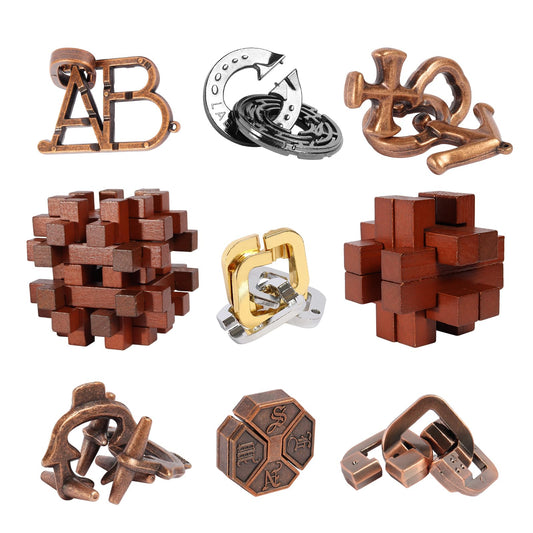 ActPo 9pcs difficulty puzzles gift set on display, ideal for cognitive challenge and family fun.