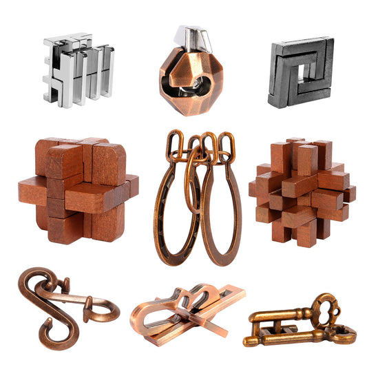 ActPo 9pcs puzzle interlock set—wooden and metal pieces for mindful play and focus.