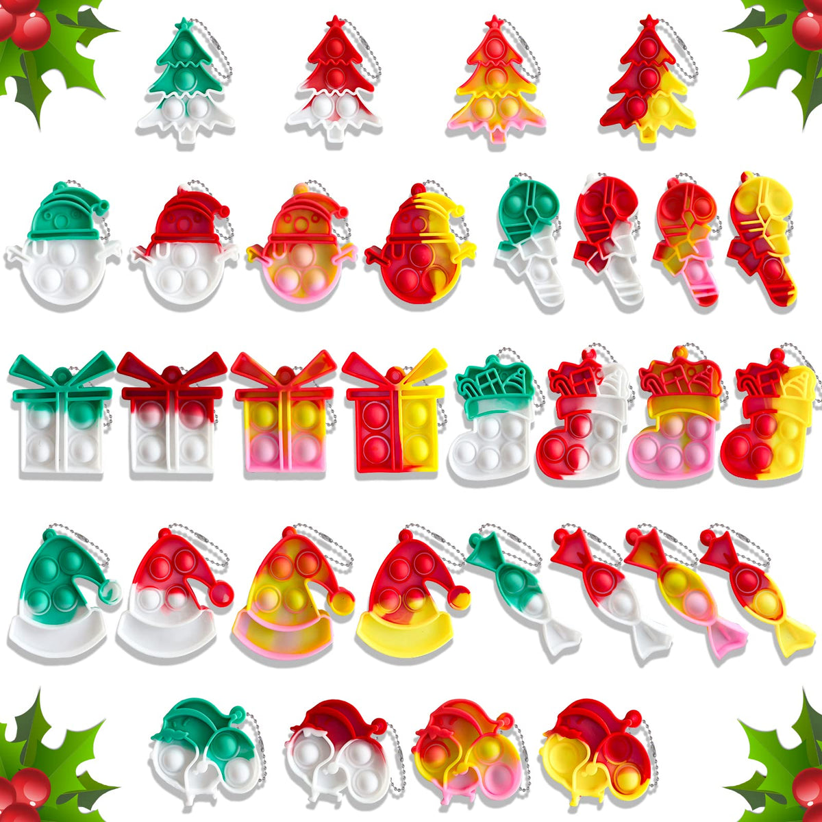 Adatos 32Pcs Christmas Pop Keychain set with calming sensory bubbles