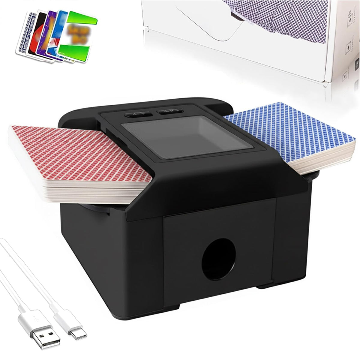Adehoei automatic card shuffler with lid for quick two-deck shuffles.