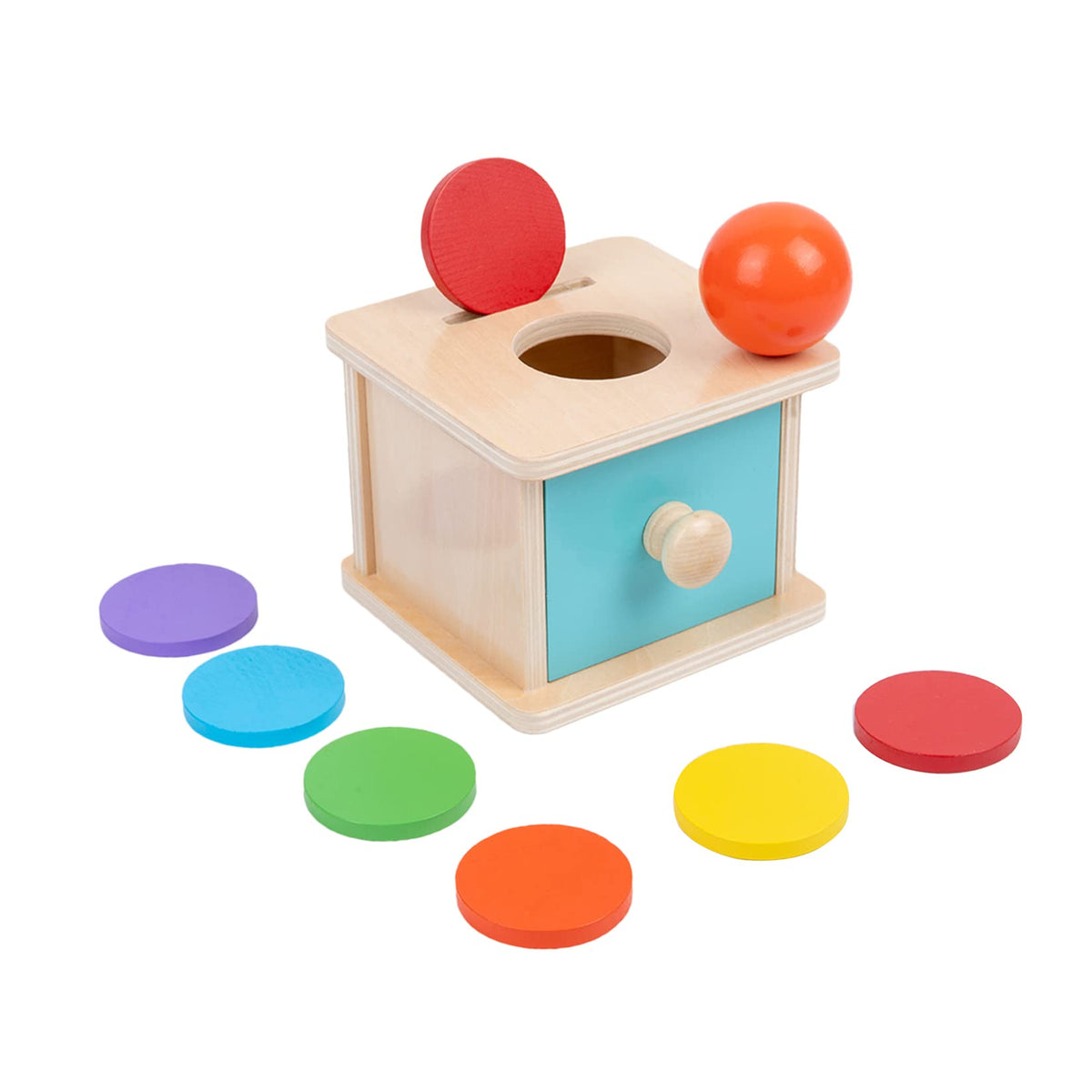 Adena Montessori coin box blue door drawer for early open-ended play and storage.