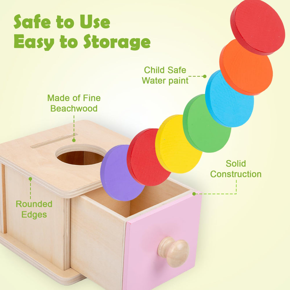 Adena Montessori coin box pink door ball focuses on hand-eye coordination during activity.