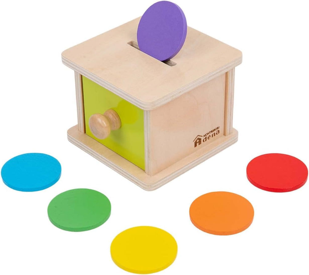 Adena Montessori coin box with yellow-green door for color and shape exploration.
