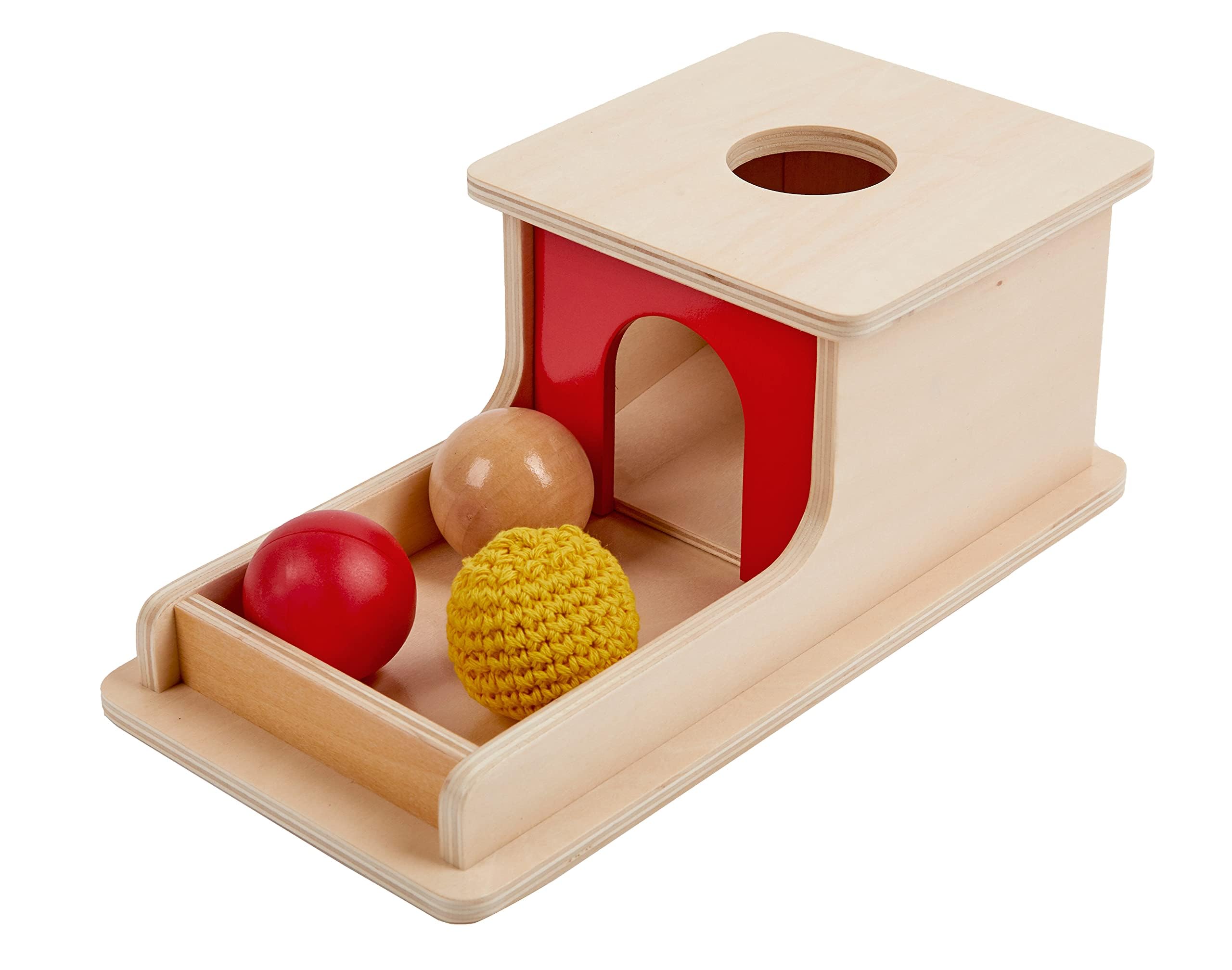 Adena Montessori object permanence box with tray demonstrates stack-and-sort play for infants.