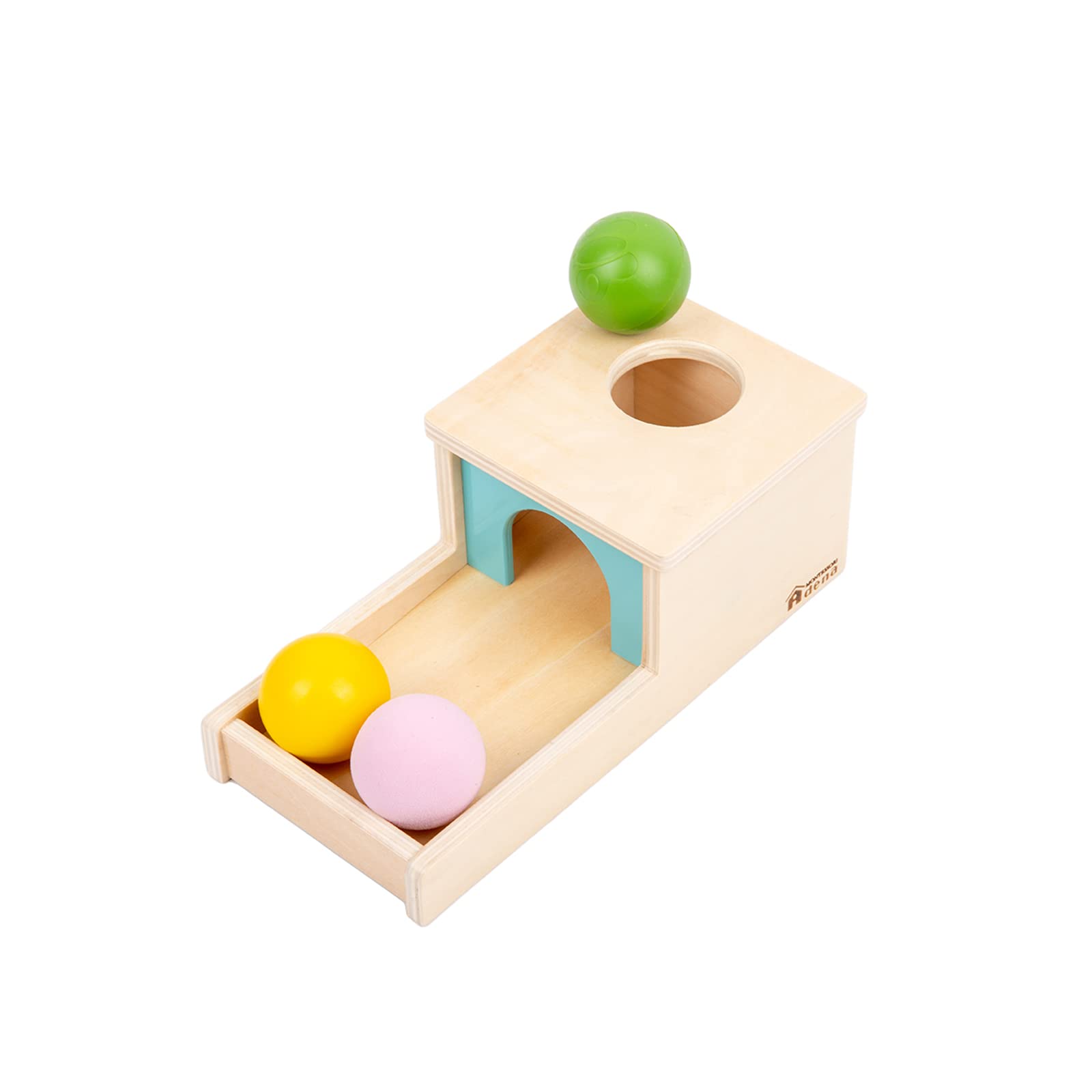 Adena Montessori object permanence box with tray promotes early cognitive exploration.