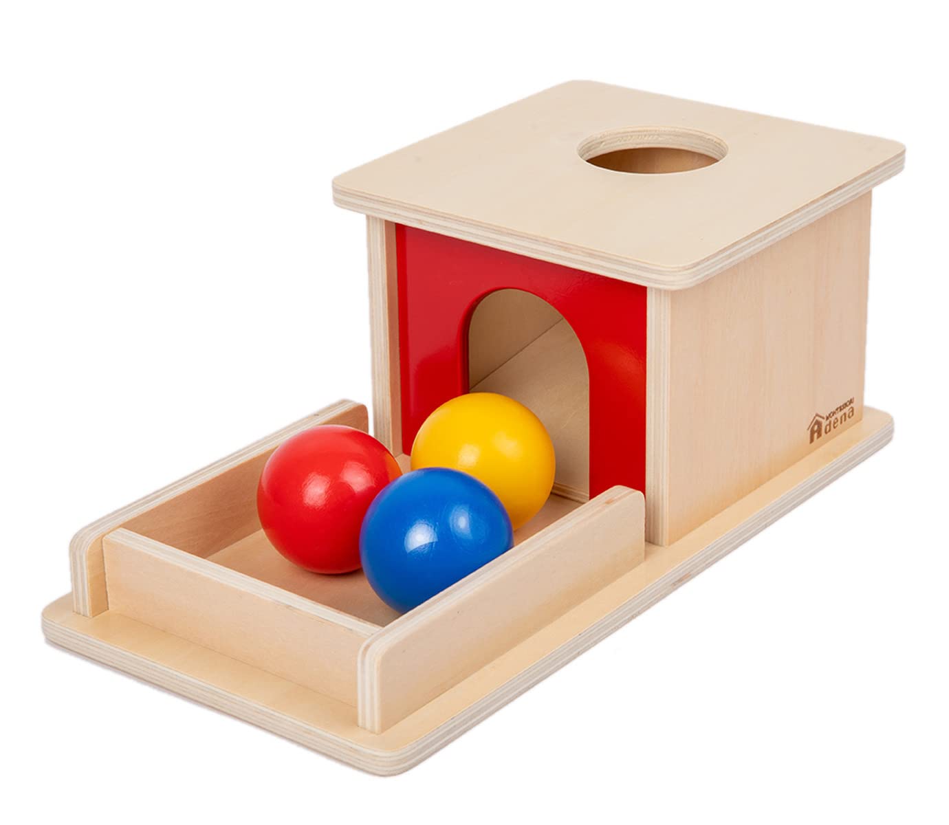 Adena Montessori wooden toy with three balls for early object permanence and visual tracking.