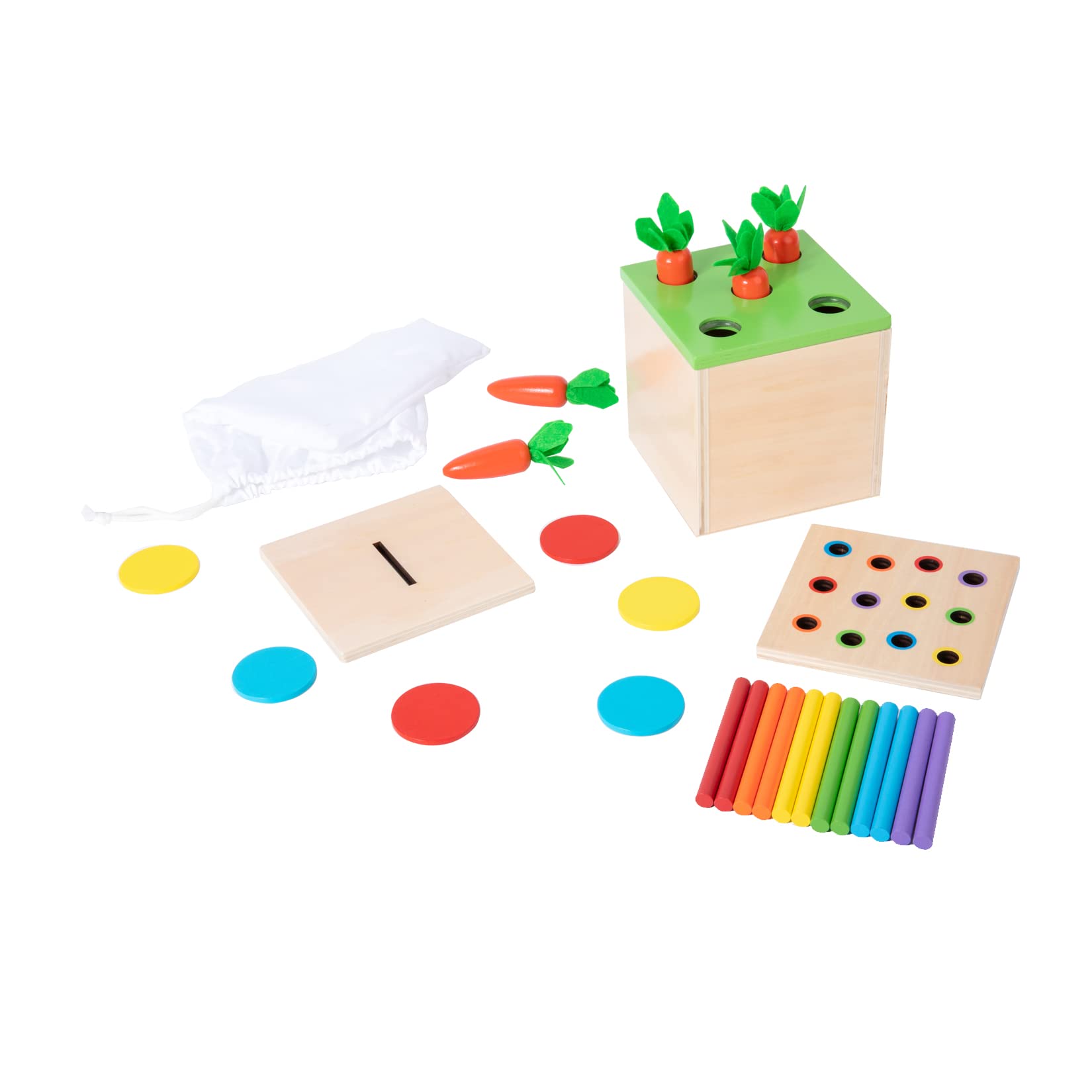 Adena Montessori 3-in-1 wooden play kit on table, inviting exploration and hands-on learning.