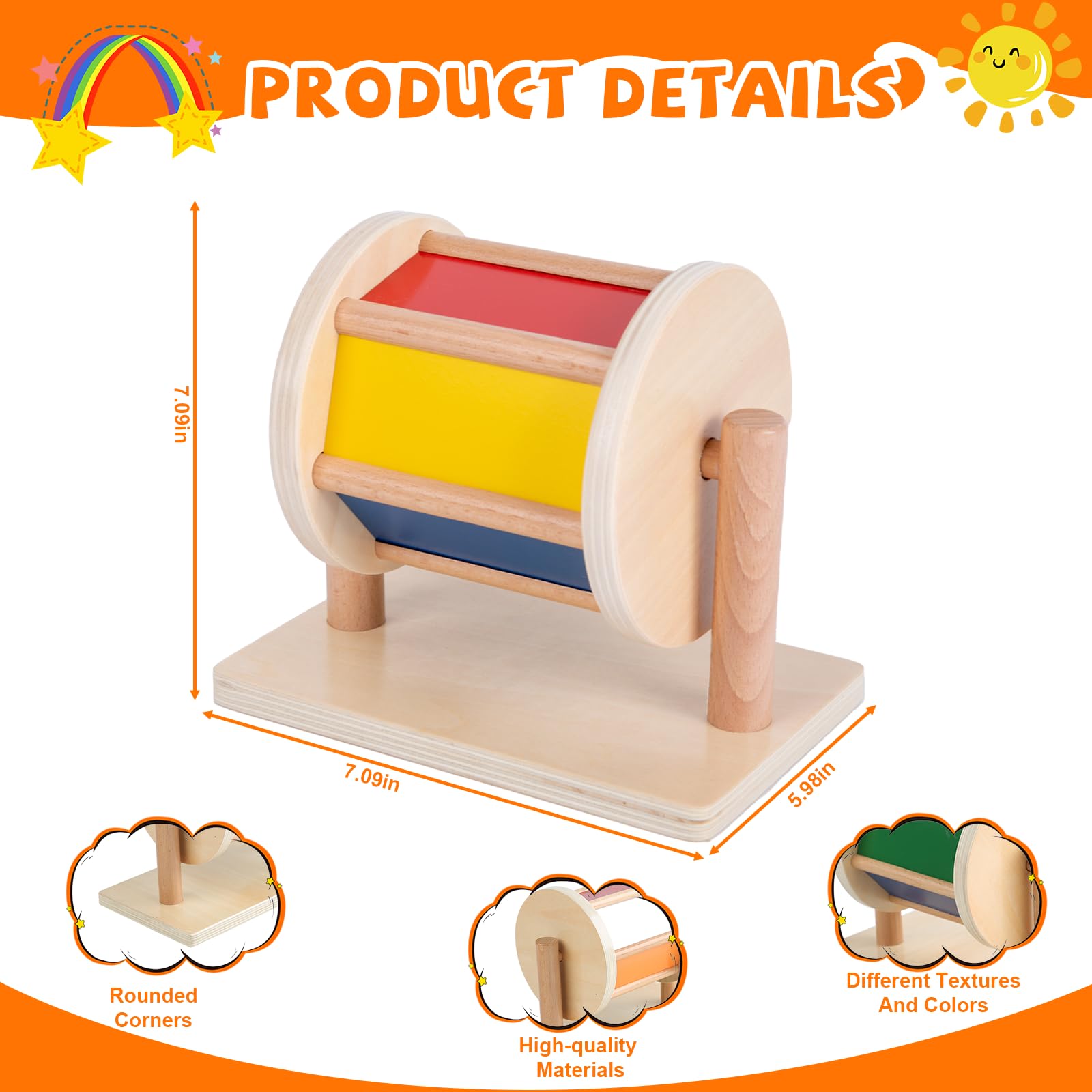 Adena Montessori drum with color patterns provides engaging motion and visual interest.