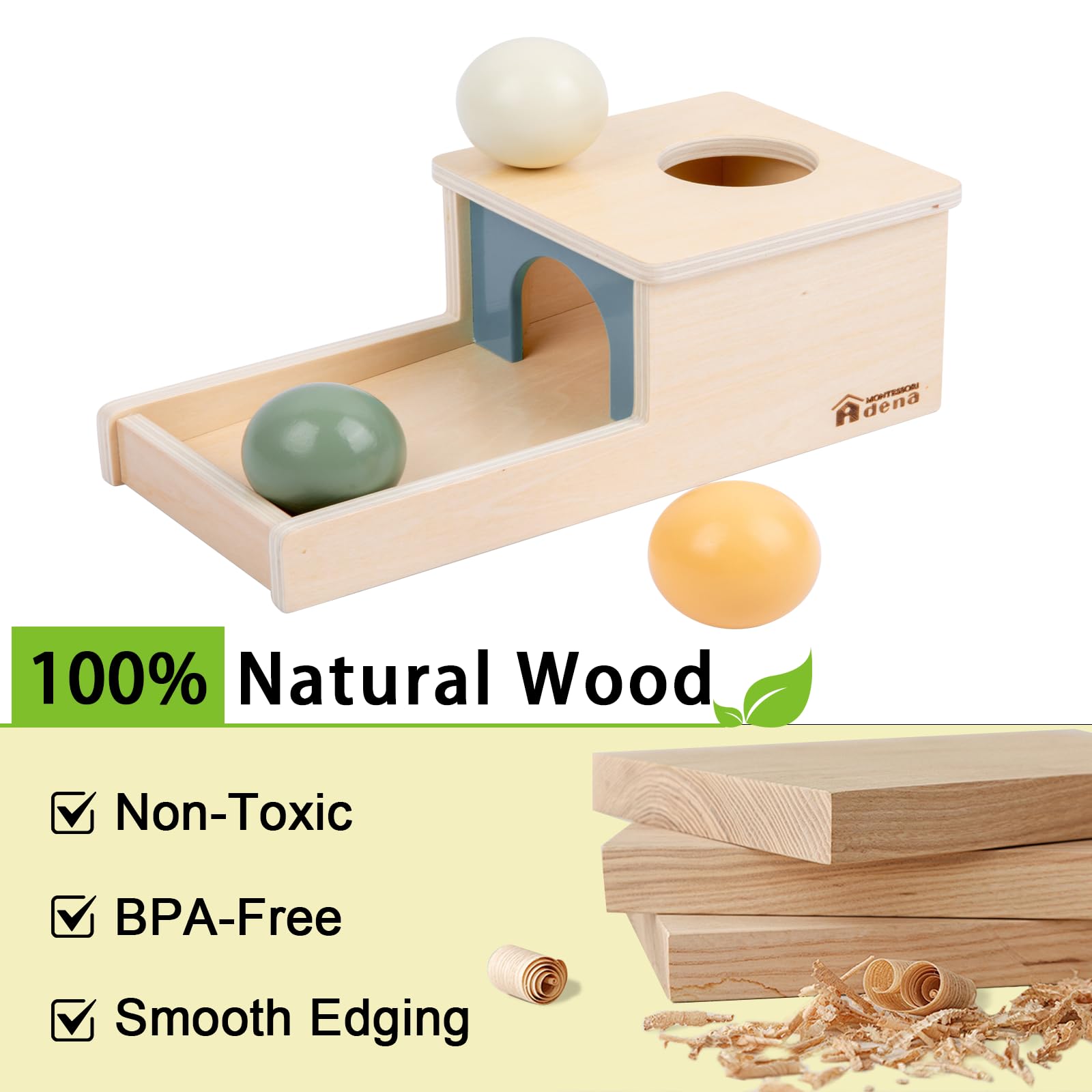 Adena Montessori tray and box facilitate organized, independent play