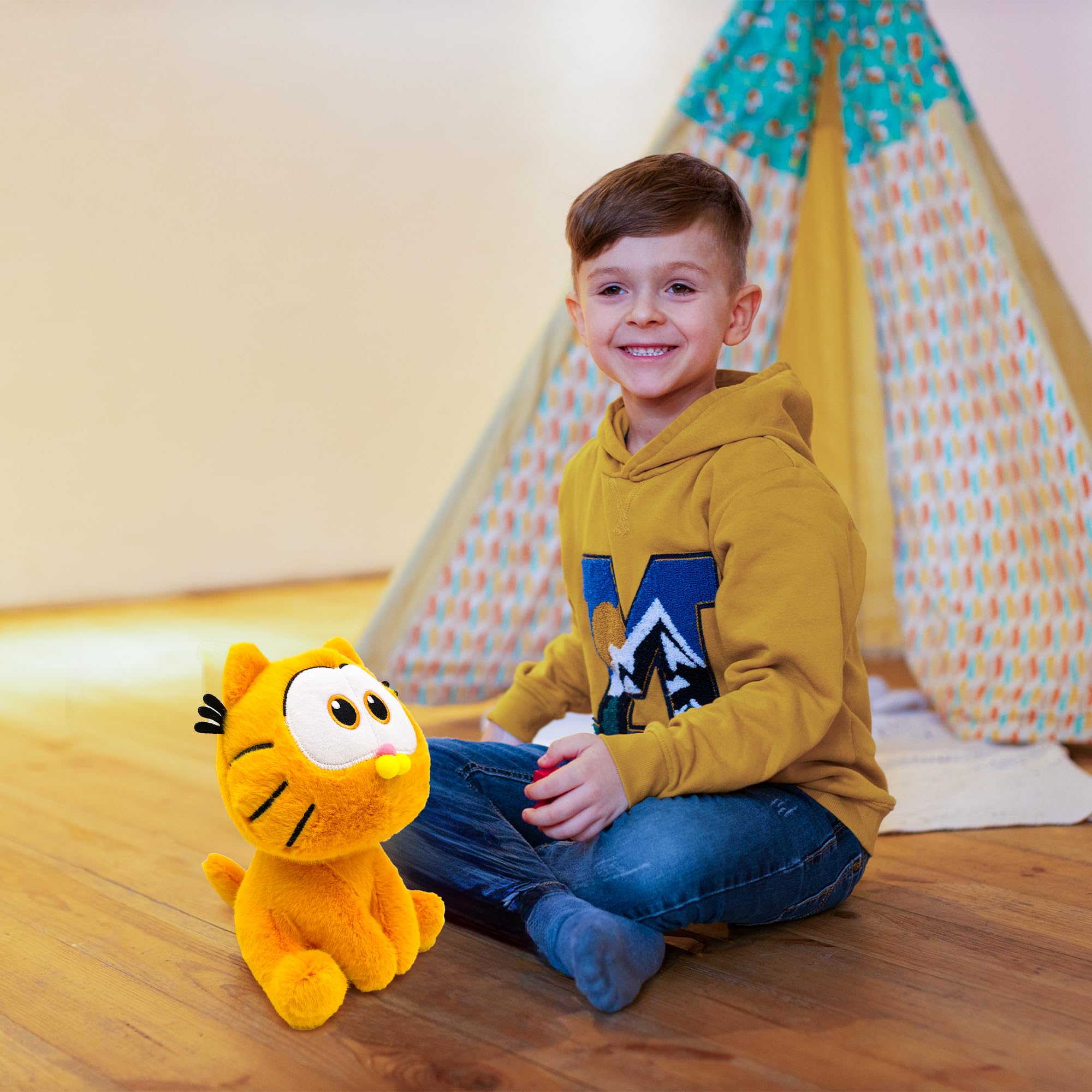Adenzai Garfield plush being hugged by a child for comforting companionship.