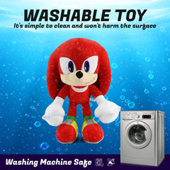 Adenzai red plush toy close-up soft fabric inviting tactile exploration.