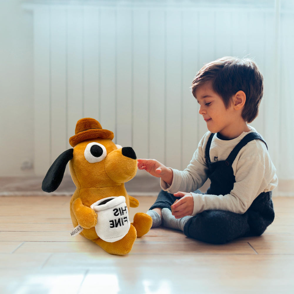 Adenzai This Is Fine dog plushie, Halloween-themed plush toy for seasonal decor.