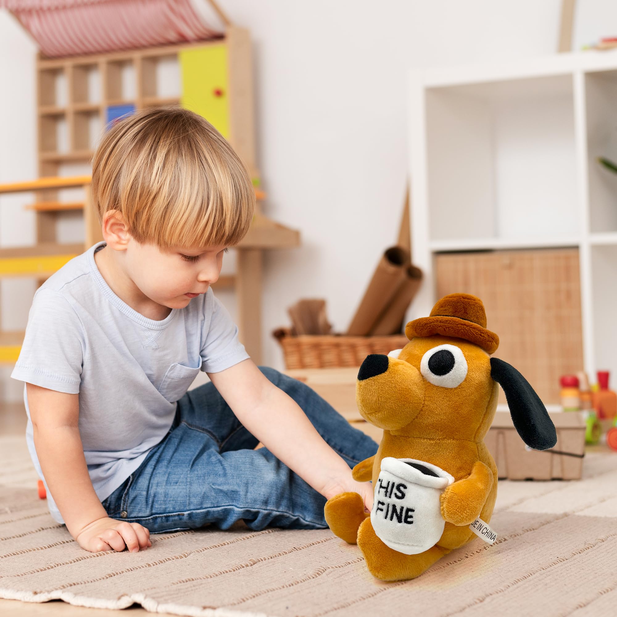 Adenzai This Is Fine dog plushie ideal as a holiday gift decor piece.