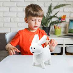 Adenzai white rabbit plush kid playtime scene suggests safe fun.