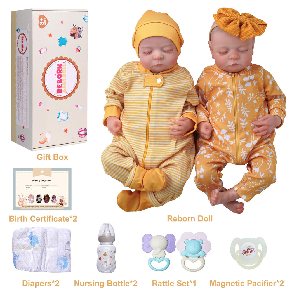 Gift-ready ADFO twin dolls shown with clothes and props