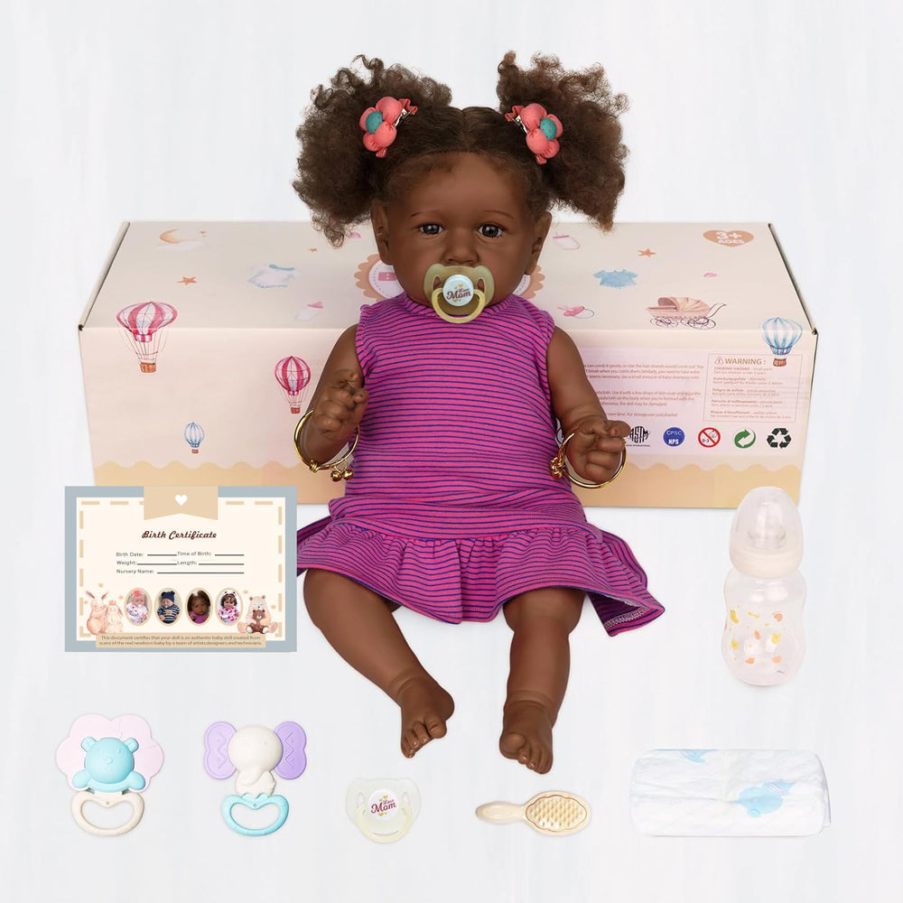 ADFO Reborn Black Baby Doll birth card included adds to role-play.