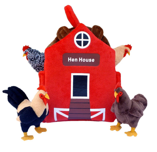 Adore Plush 12-inch Hen House front view with soft hens for imaginative play
