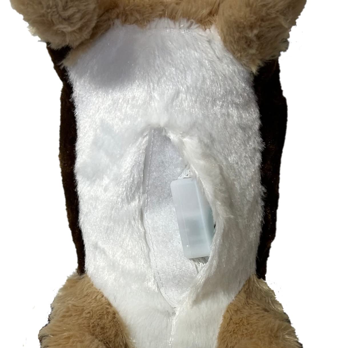 Coco stomach pouch with Velcro open reveals removable sound box for interactive play