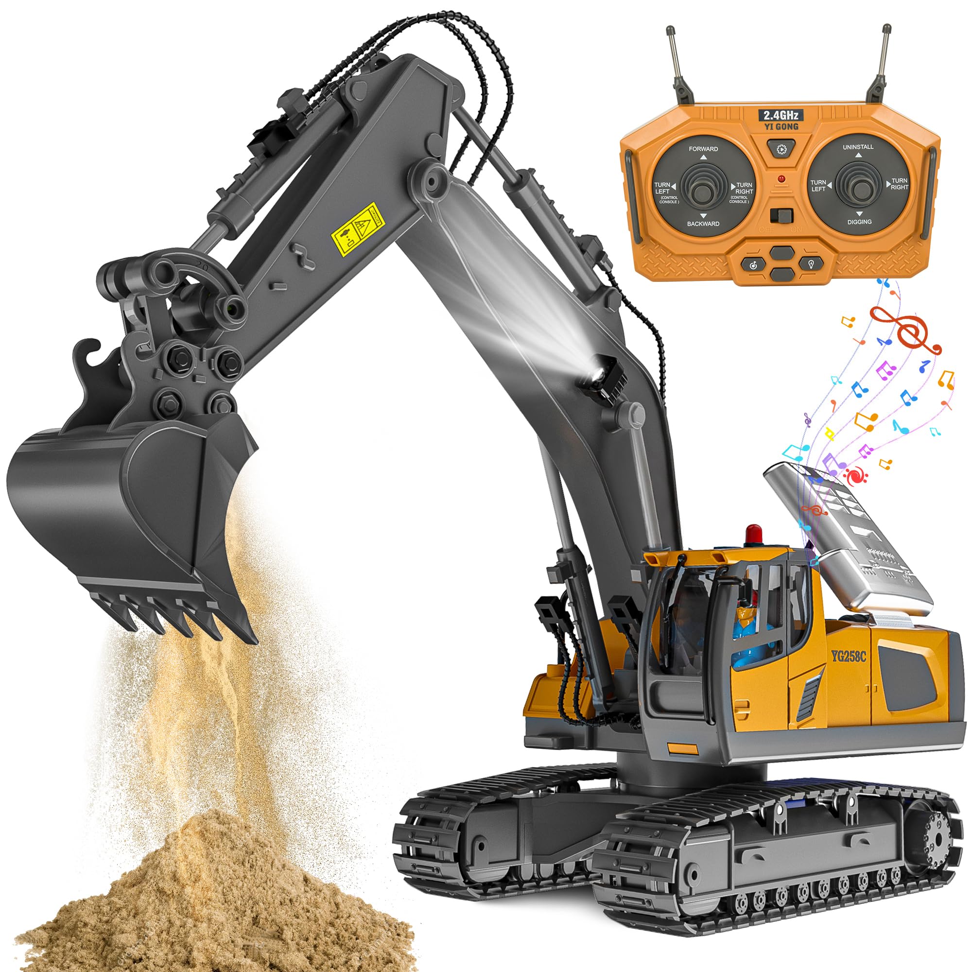 ADTHLIER RC excavator front view with 11-channel control for precise digging