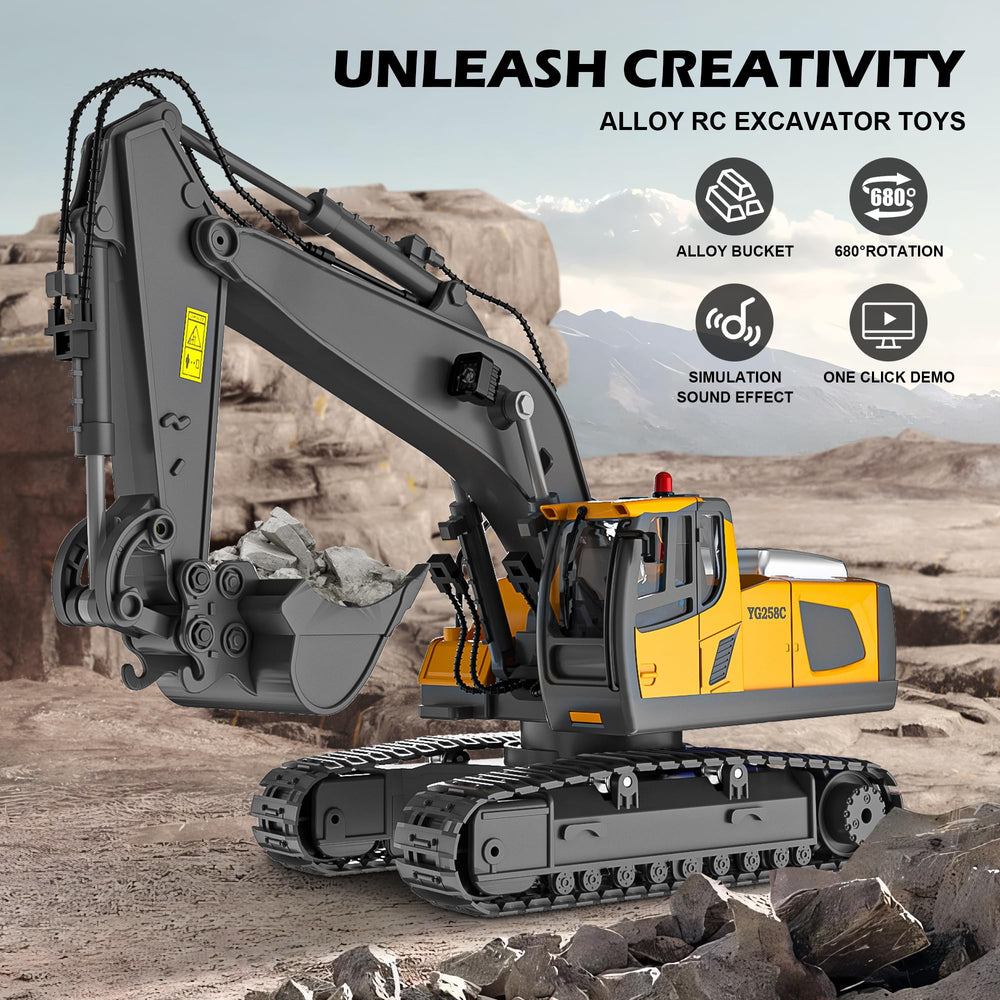 ADTHLIER RC excavator side view showing 680-degree rotation for creative play