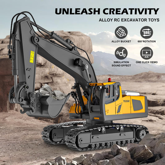 ADTHLIER RC excavator side view showing 680-degree rotation for creative play