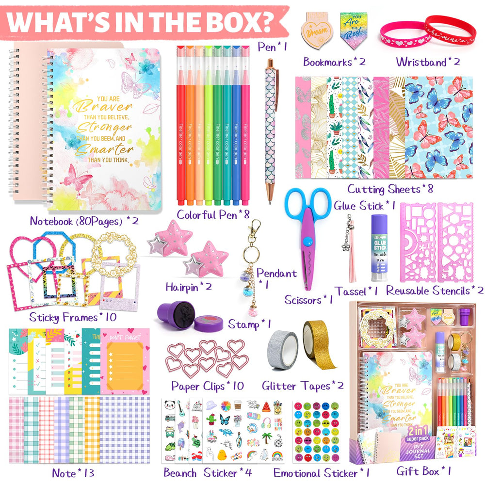ADUSRIZ DIY Journal Kit accessories collection, includes stamps, stickers, and clips for personalization.