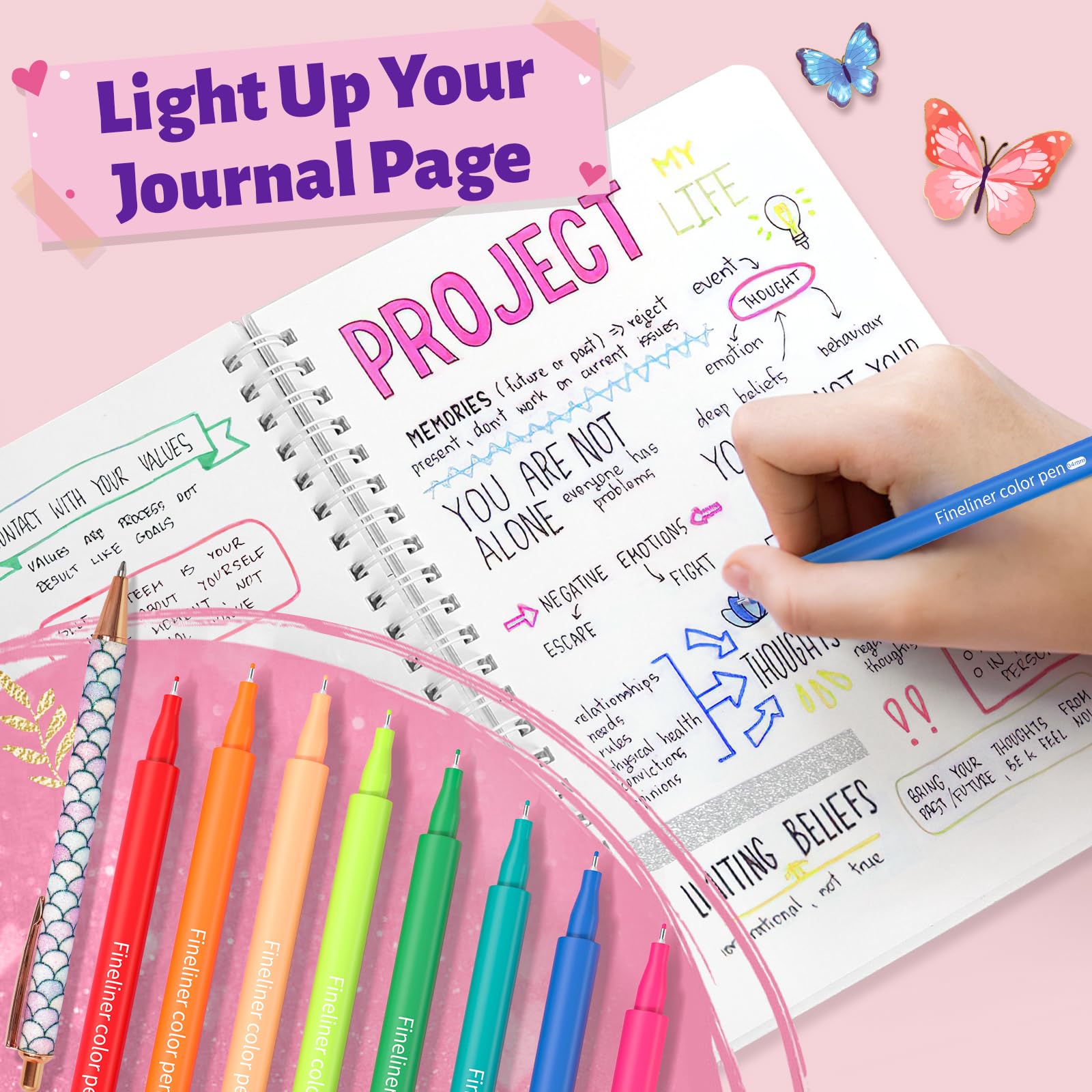 ADUSRIZ DIY Journal Kit colorful pens, fine-tip for precise writing and bold doodles.