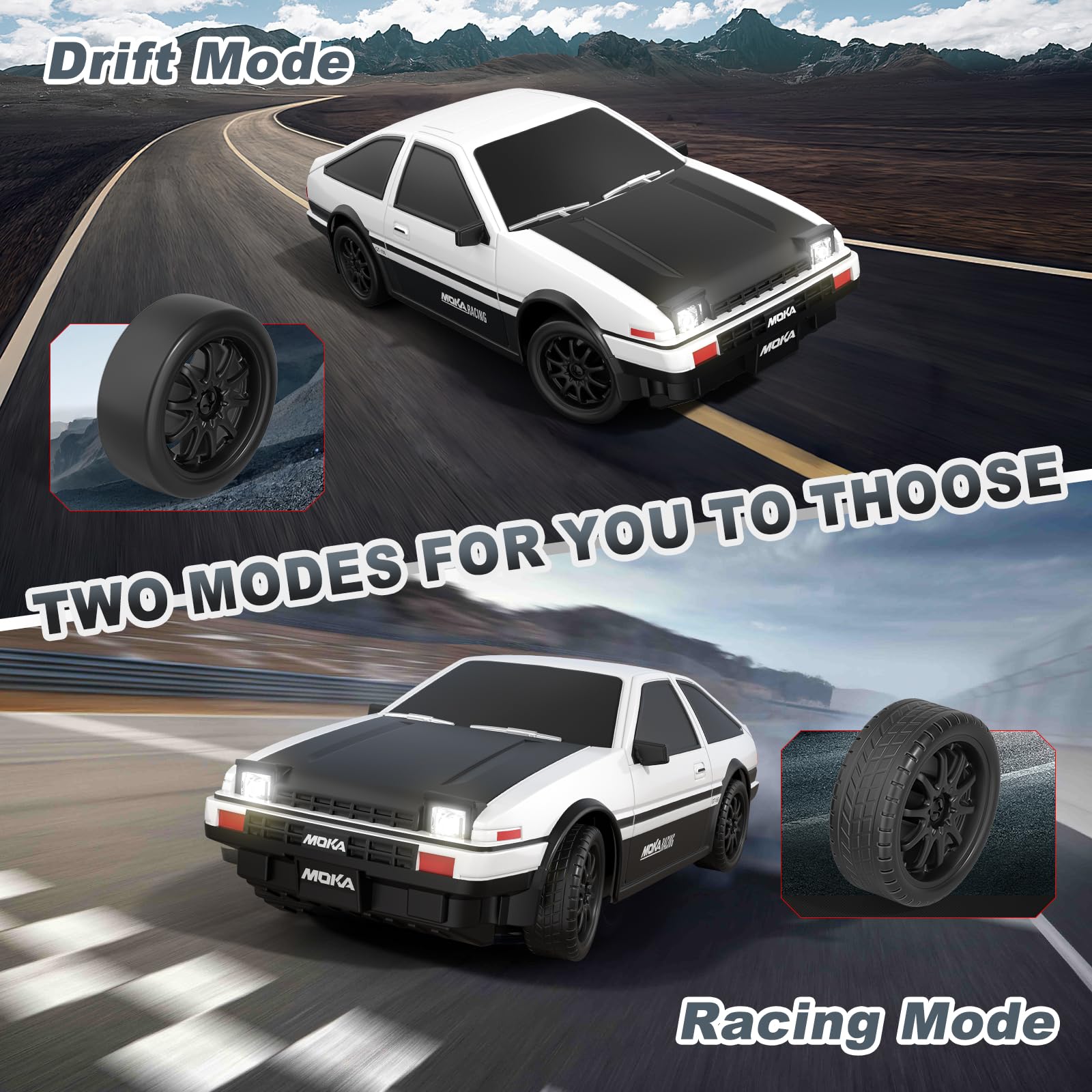 ADUSRIZ RC Drift Car side drift shot showing responsive steering for precise turns.