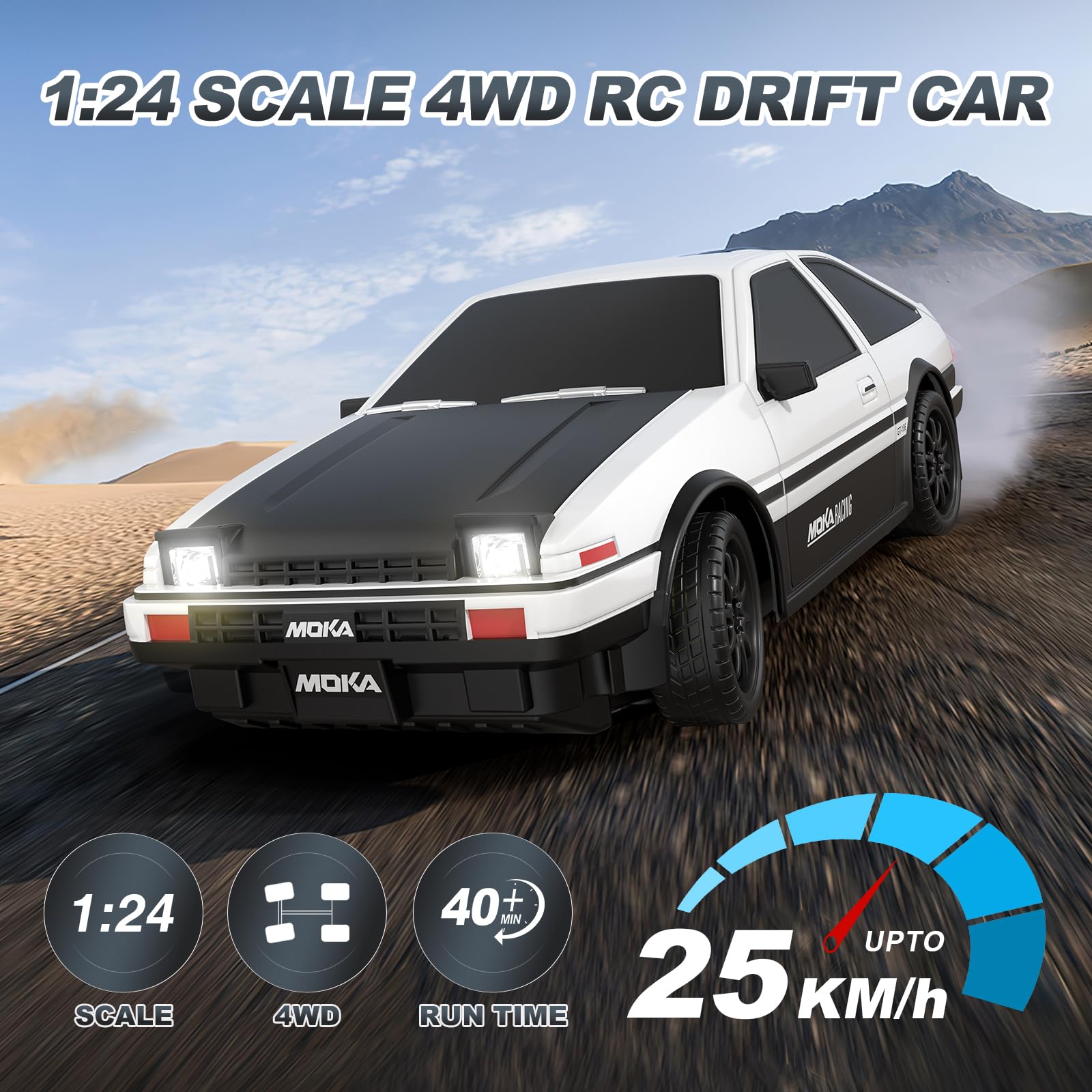 ADUSRIZ RC Drift Car top view highlighting 4WD power for stable drifts.
