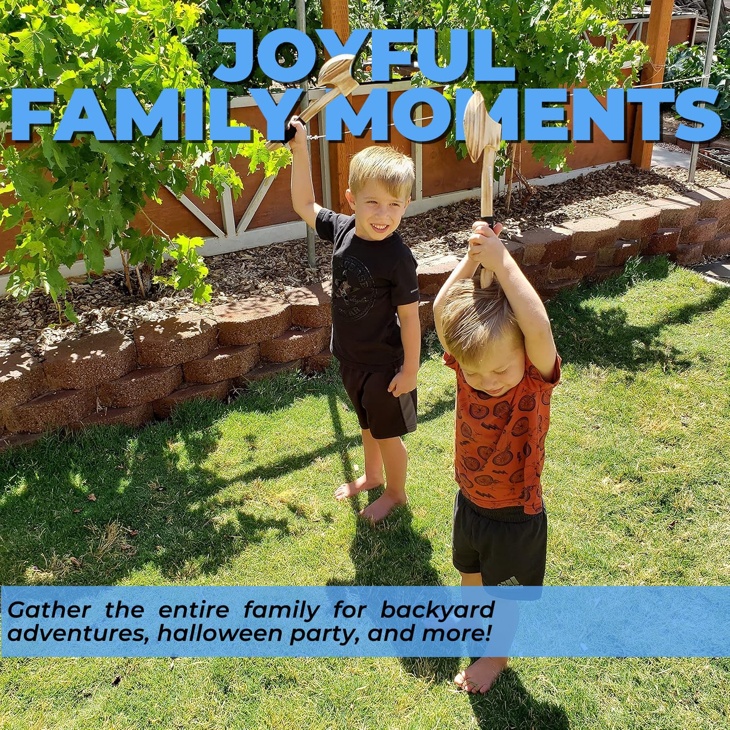 Adventure Awaits! durable-wooden-axe close-up illustrates sturdy construction for years of pretend play.