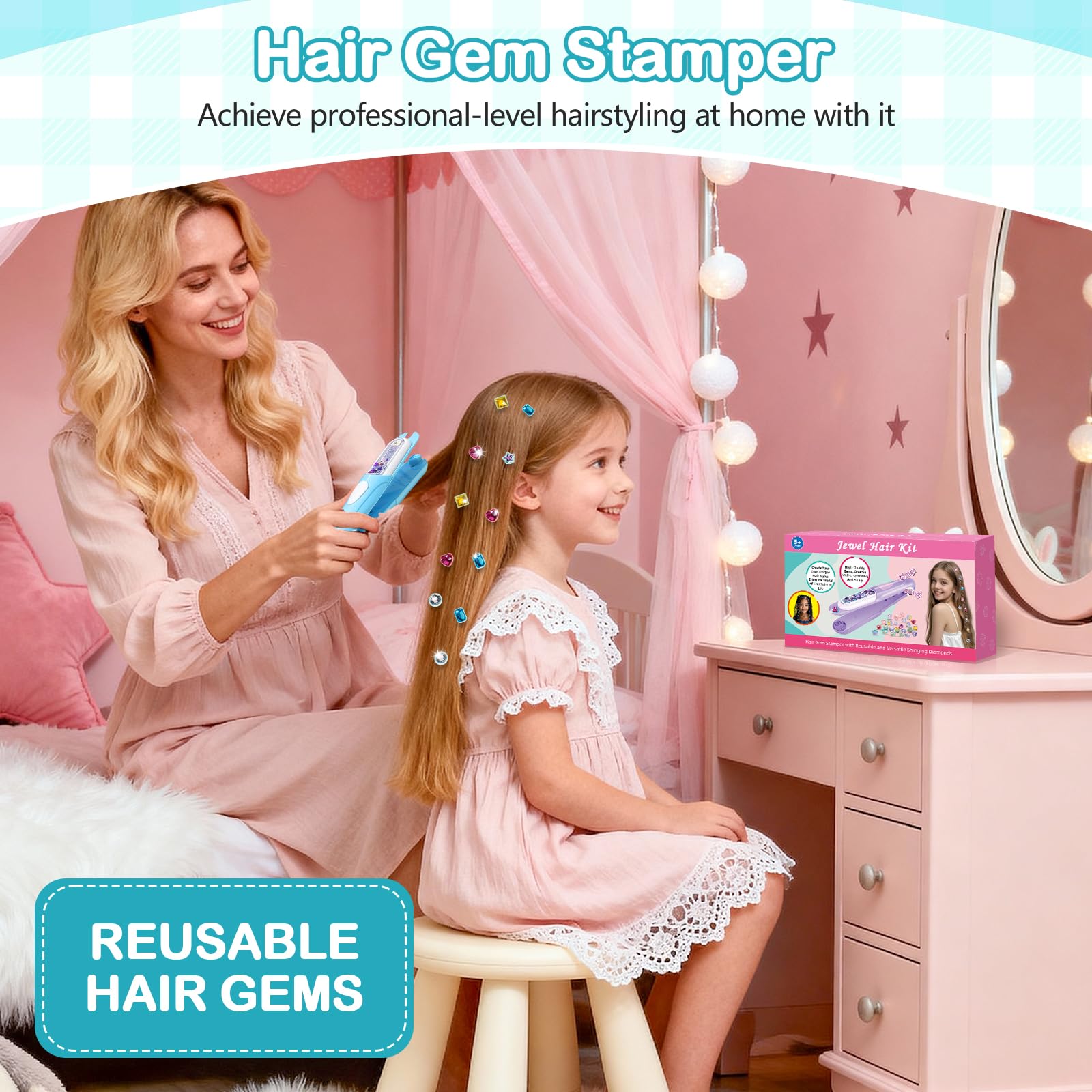 Hair gem stamping in action for quick DIY hairstyles