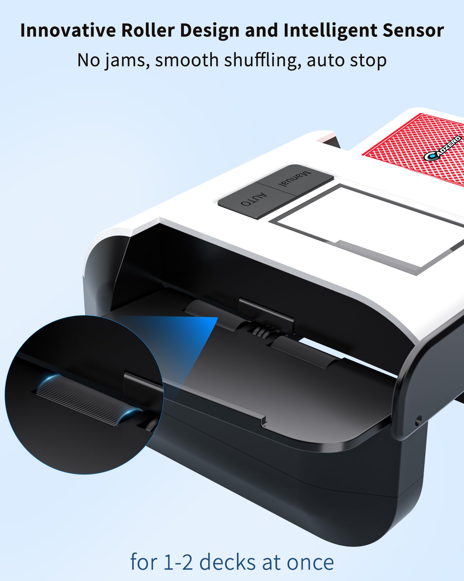 ADZERD shuffler compatible with UNO, Poker, Mahjong and more for versatile use.
