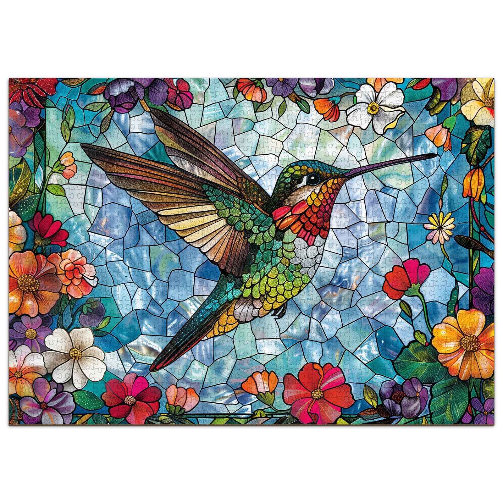 Aeekdook stained glass hummingbird puzzle cover with vibrant colors for display.