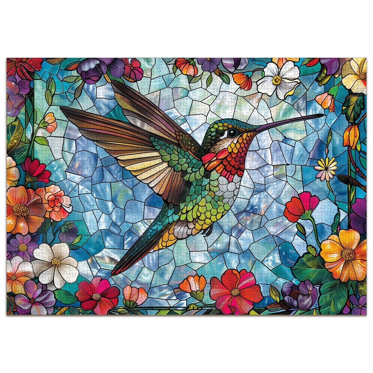 Aeekdook stained glass hummingbird puzzle cover with vibrant colors for display.