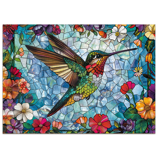 Aeekdook stained glass hummingbird puzzle cover with vibrant colors for display.